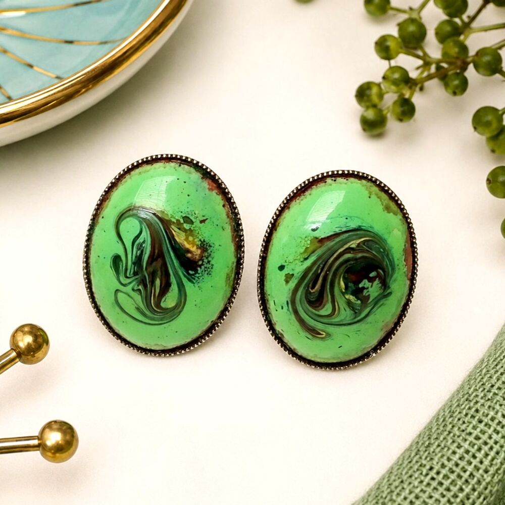 Vintage MCM Green Swirled Ceramic Clip On Earrings Gold Tone 1 Inch